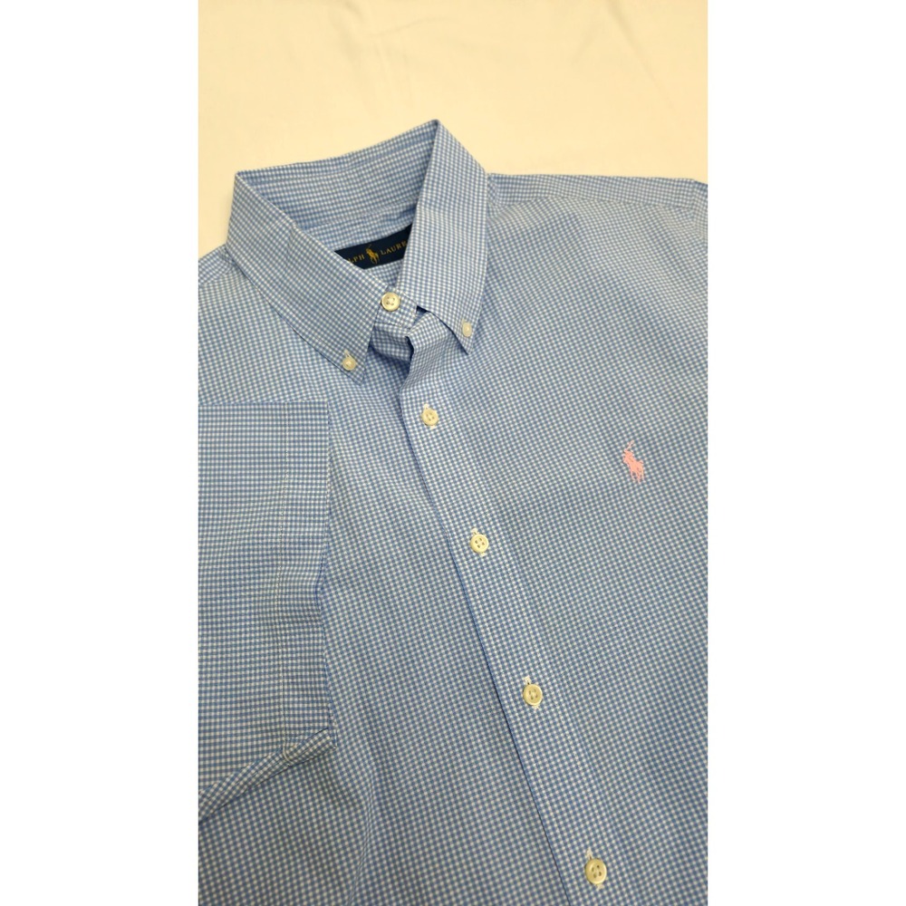 Ralph Lauren Shirt Mens Large Blue Gingham Pink Pony Short Sleeve Button Up